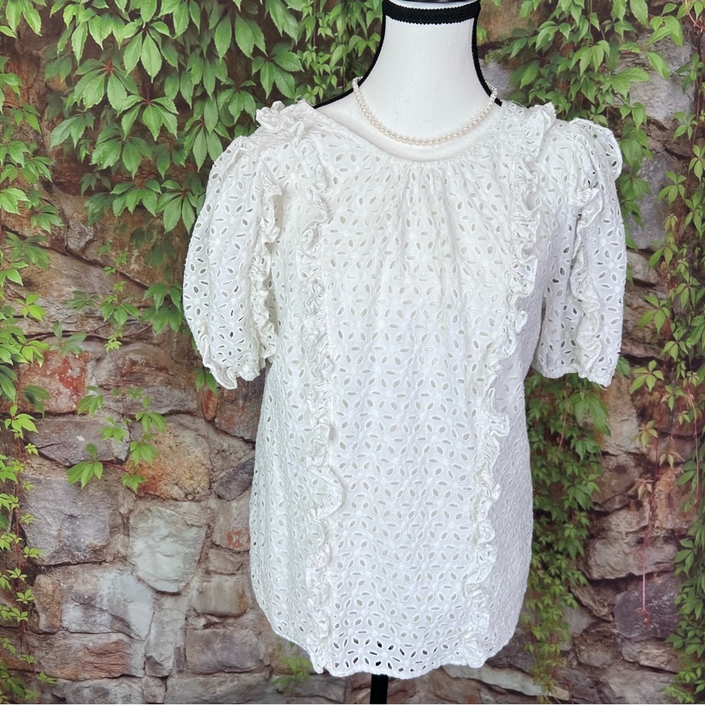 RACHEL PARCELL Cottagecore White Eyelet Ruffle Accent Puff Sleeve Summe Blouse M - Picture 2 of 10